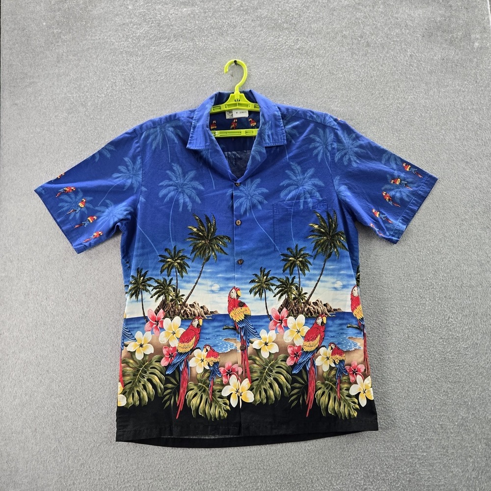 Pacific Legend Men Button Up Shirt L Blue Floral Parrots‎ Palm Trees Hawaiian